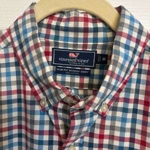 Vineyard Vines Men's Slim Fit Red and Blue Plaid Shirt Medium